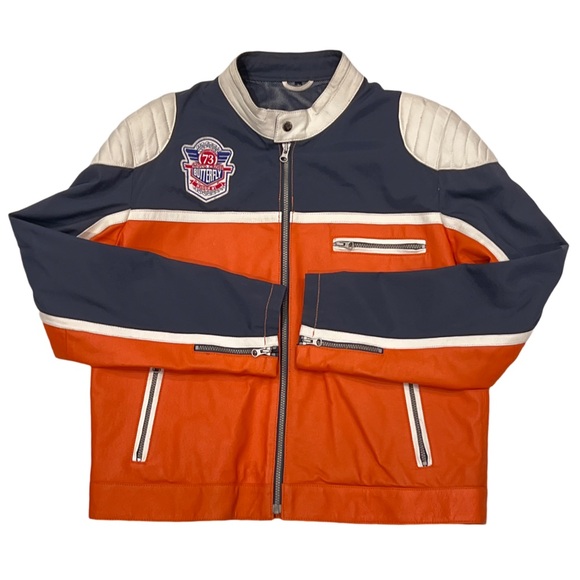 Vintage Y2K Biker Racer Jacket โ Genuine Pig Nappa Leather - orange navy Large - Picture 14 of 16